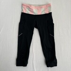 Lululemon Leggings Womens Size 2 Black‎ Striped Pink Run for Fun Crop Athleisure